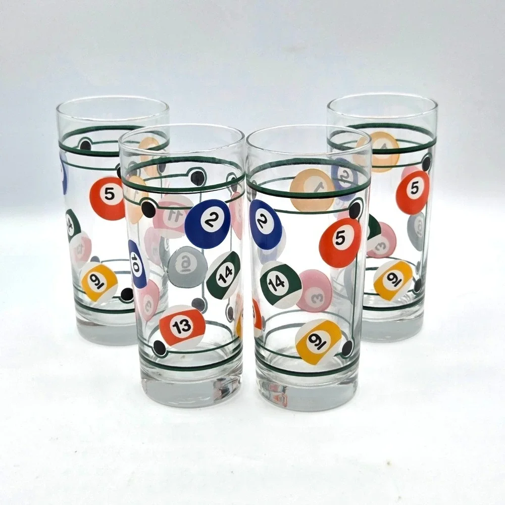 VINTAGE Billiard Pool Ball Tall Glasses 16 oz Glassware Bar Retro‎ Set of 4